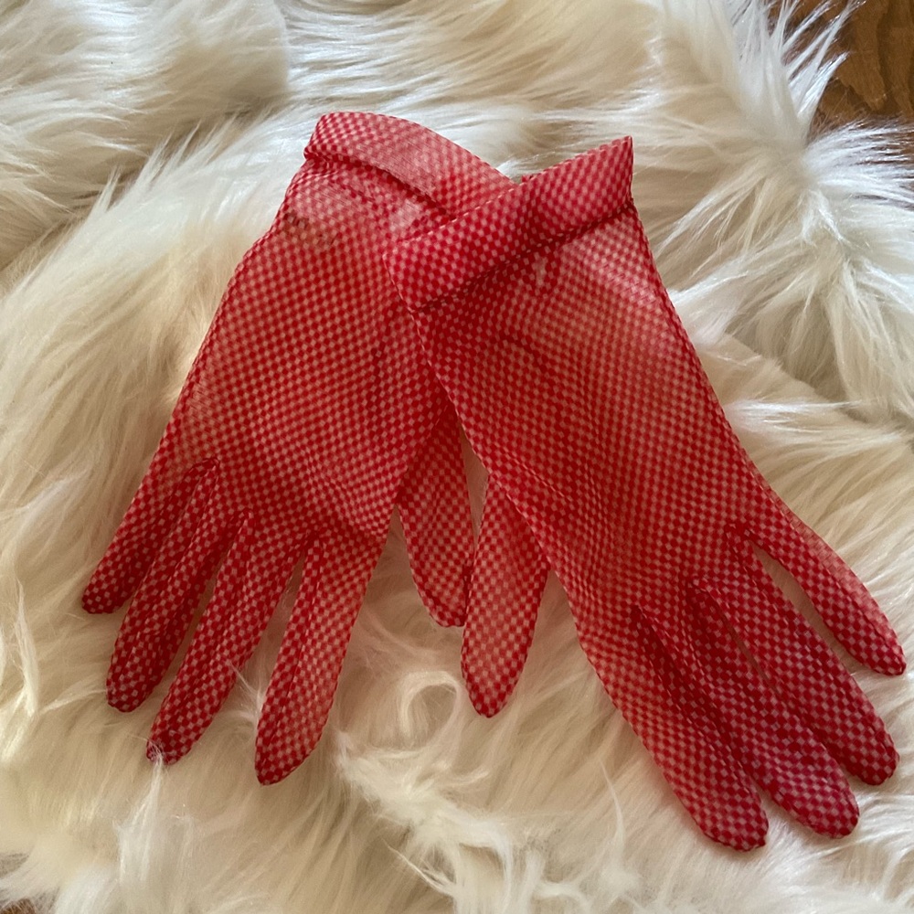 Vintage Inspired Sheer Nylon Mesh, Red/White Gingham Pattern Gloves, USA, Sz 7.5